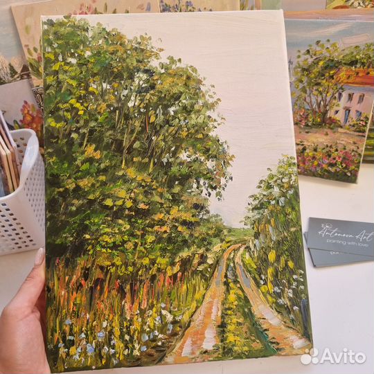 Пейзаж летний деревья маслом природа цветы холст