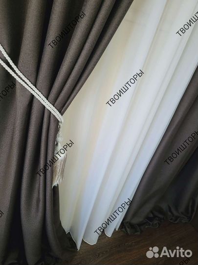 Шторы блэкаут под лен коричневые