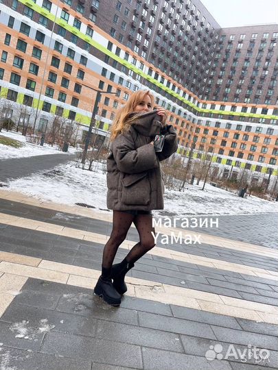 Пуховик оверсайз шерстяной с мехом премиум