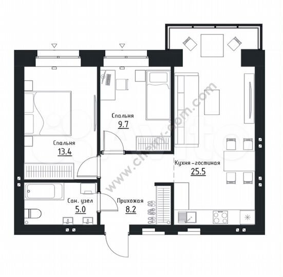 2-к. квартира, 61,8 м², 3/4 эт.