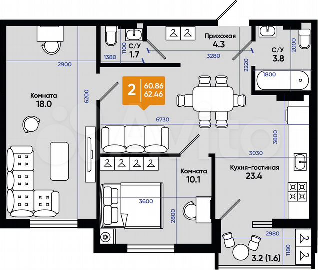 2-к. квартира, 62,5 м², 6/9 эт.