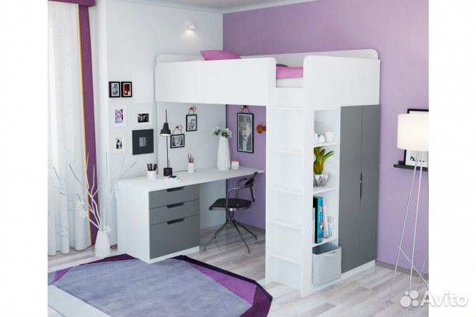 Детская-кровать чердак со столом и шкафом