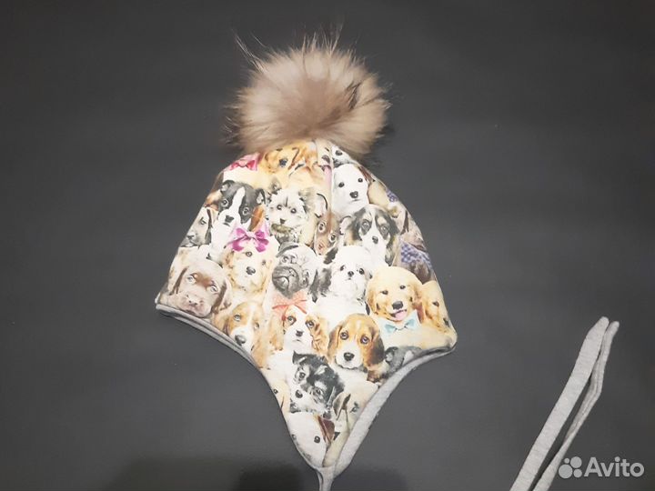 Шапка детская зимняя с помпоном енот 50-54 собачки