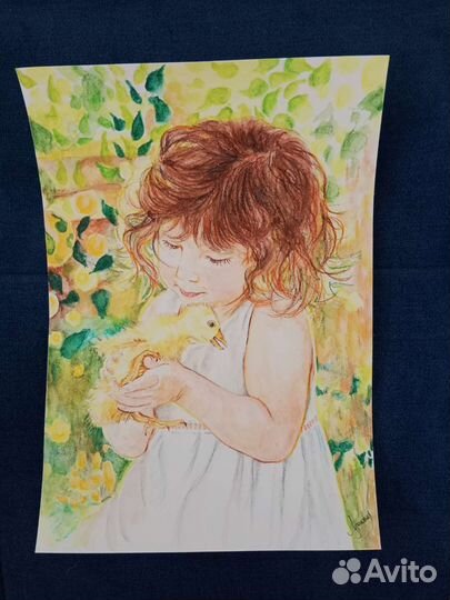 Авторская картина. Девочка и утенок. А4