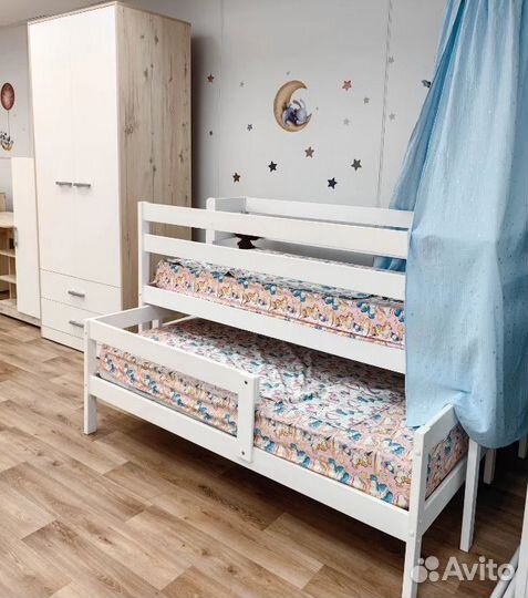 Кровать для 2-х детей из березы белый