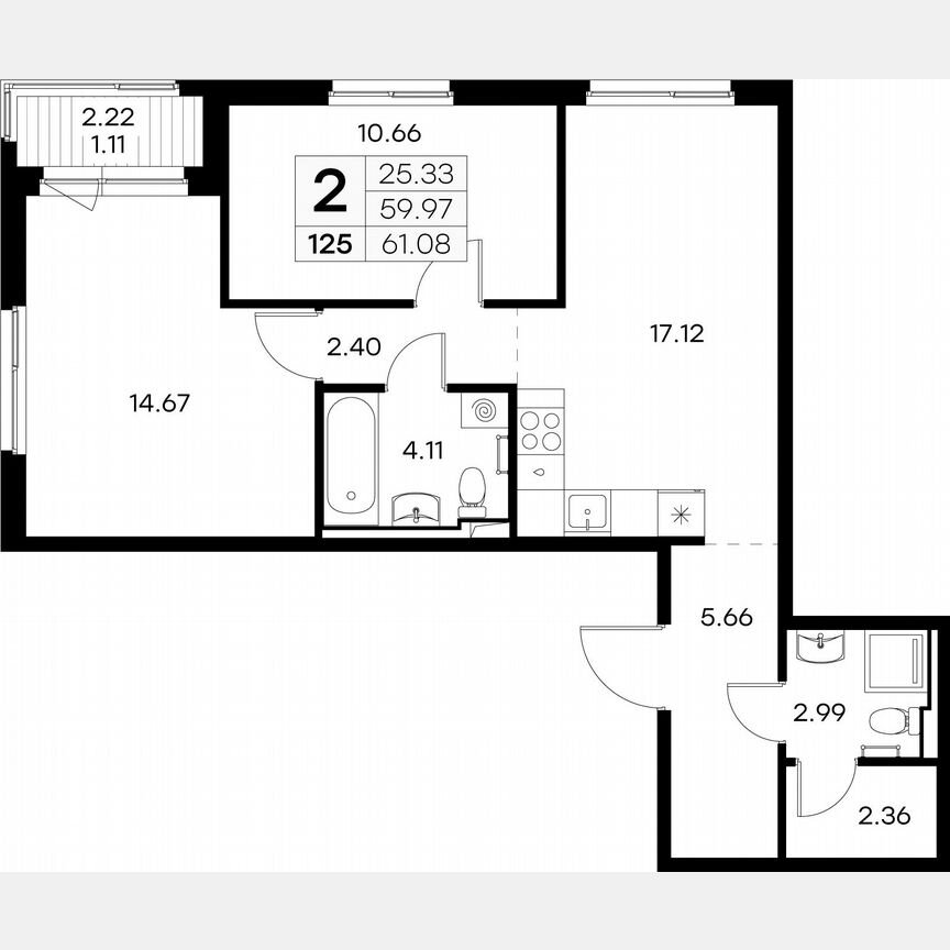 2-к. квартира, 61,1 м², 9/12 эт.