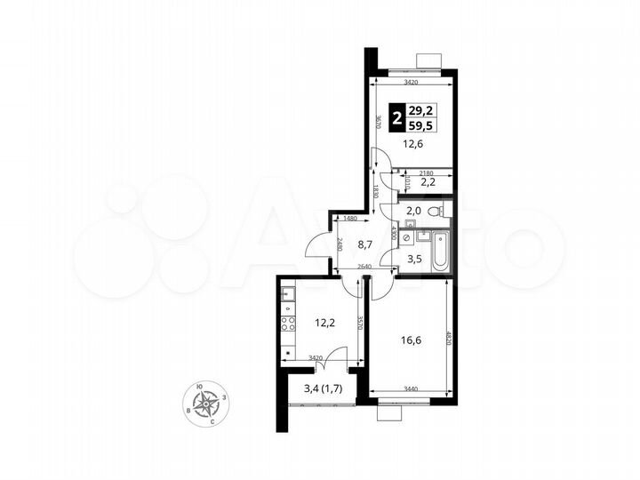 2-к. квартира, 59,5 м², 22/25 эт.