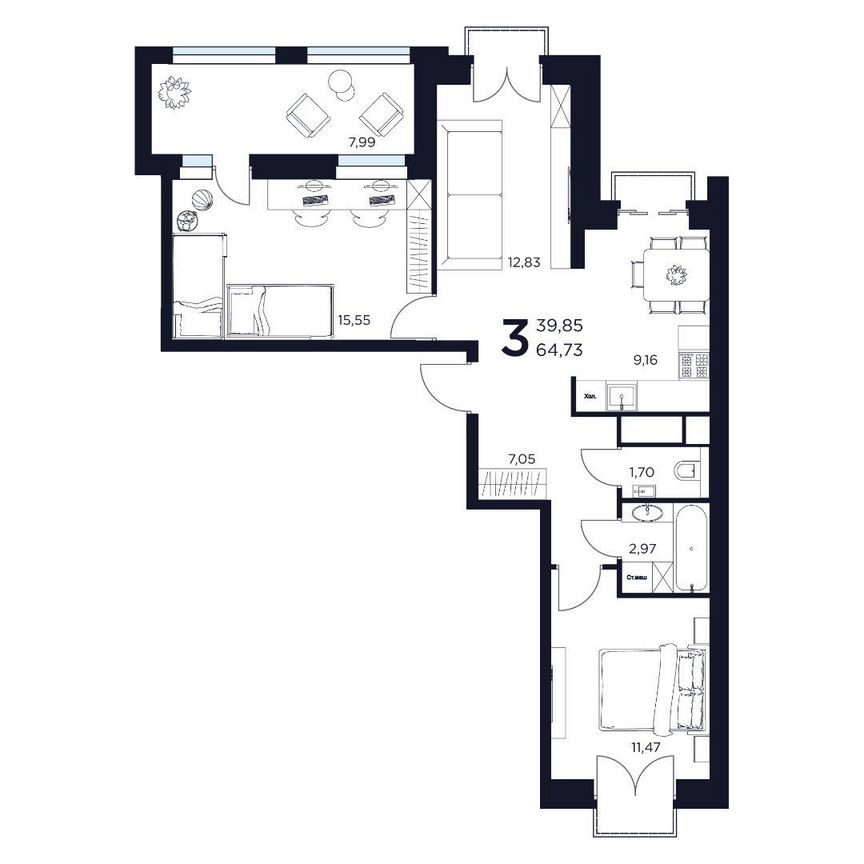 3-к. квартира, 64,7 м², 12/12 эт.