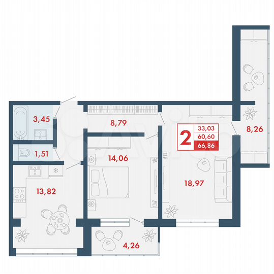 2-к. квартира, 66,9 м², 3/16 эт.
