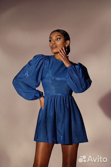 Комбинезон с объёмными рукавами с люрексом синий S