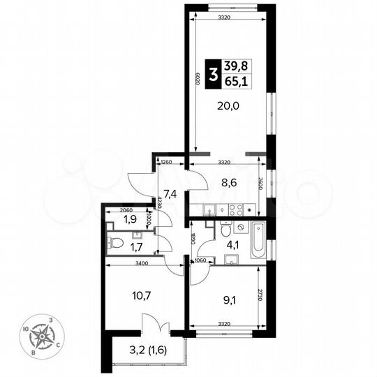 3-к. квартира, 65,1 м², 19/24 эт.