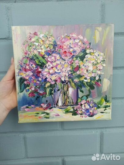 Картина гортензии в вазе маслом на холсте цветы