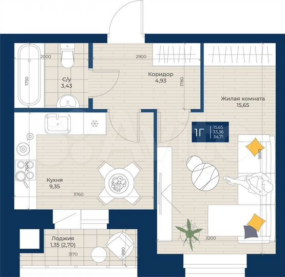 1-к. квартира, 34,7 м², 4/5 эт.