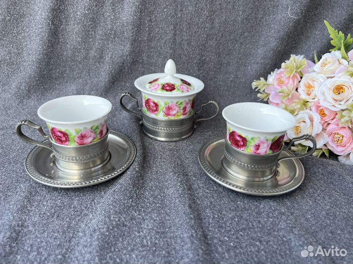 Винтажный кофейный набор, сахарница оловянная