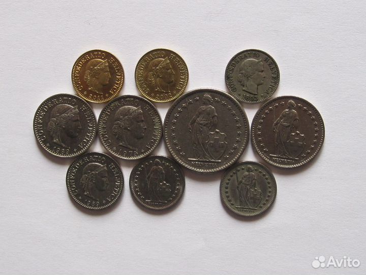10 монет Швейцарии из недраг. металлов 1893-2011