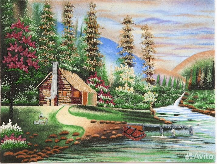 Интерьерная картина Дом у реки из самоцветов