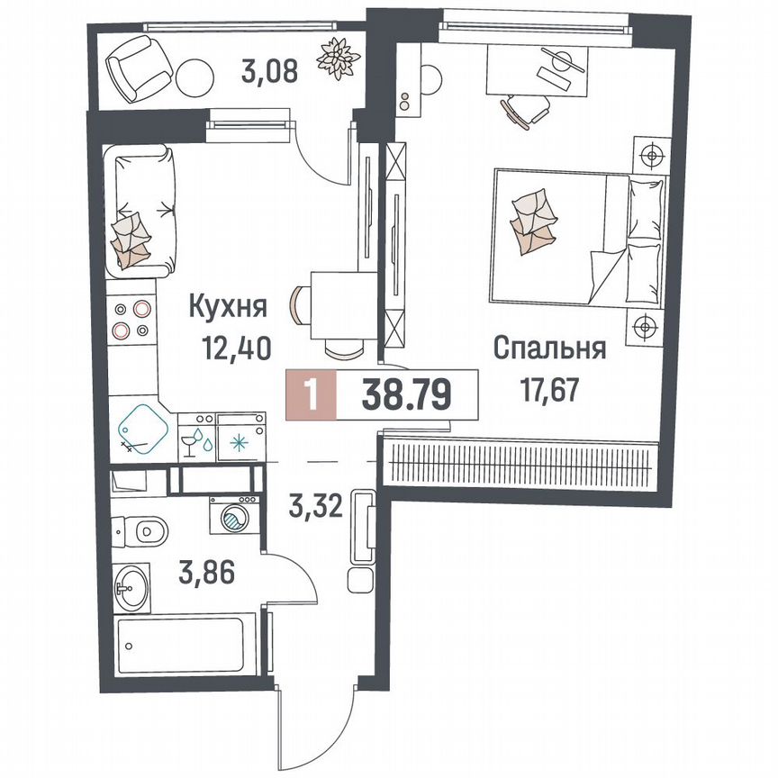 1-к. квартира, 38,8 м², 13/18 эт.