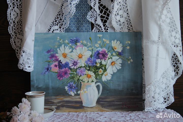 Картина маслом Полевой букет 35х25 двп