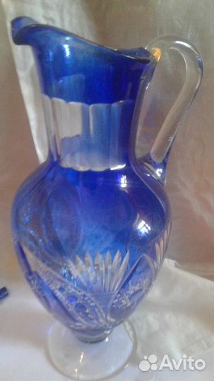 Хрусталь синий кувшин ваза рог Чехия гдр Винтаж