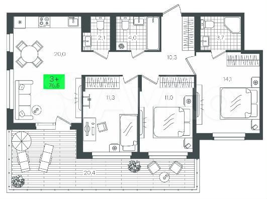 3-к. квартира, 76,5 м², 1/15 эт.