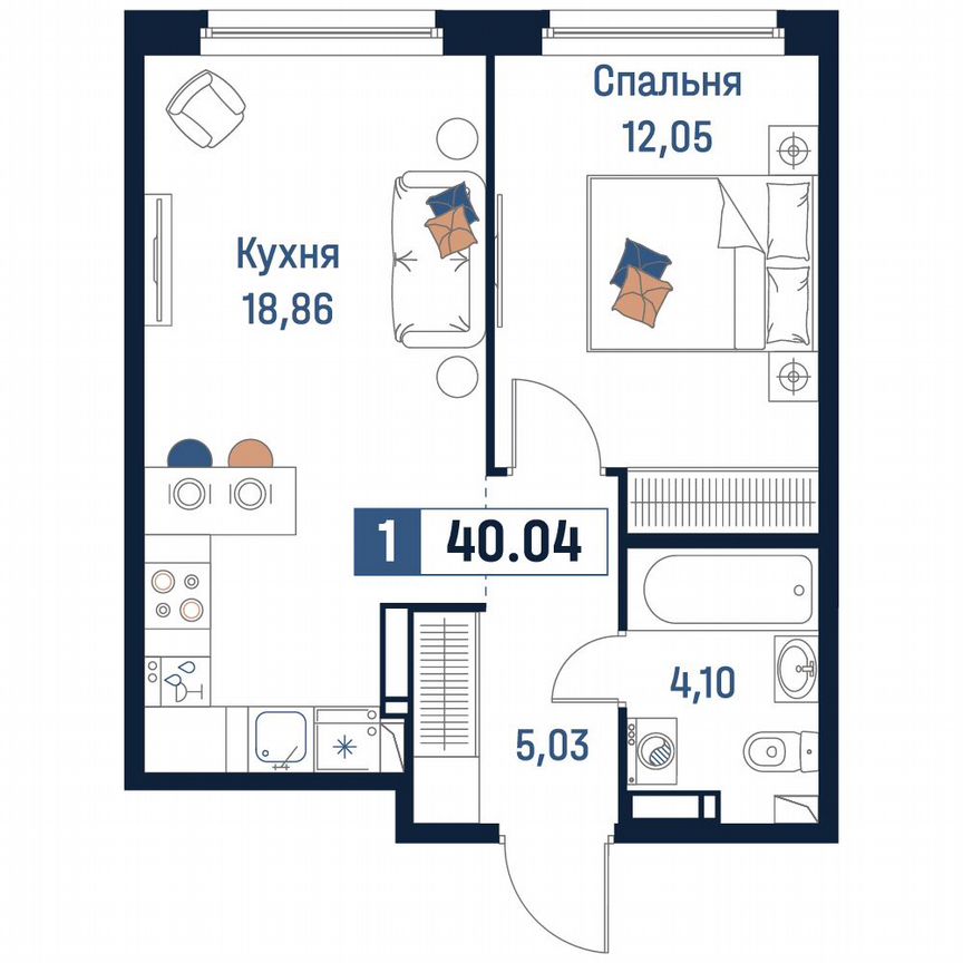 1-к. квартира, 40 м², 12/18 эт.