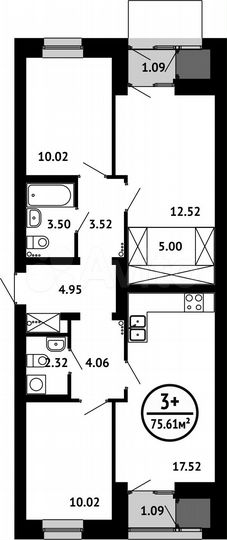 3-к. квартира, 75,6 м², 1/6 эт.