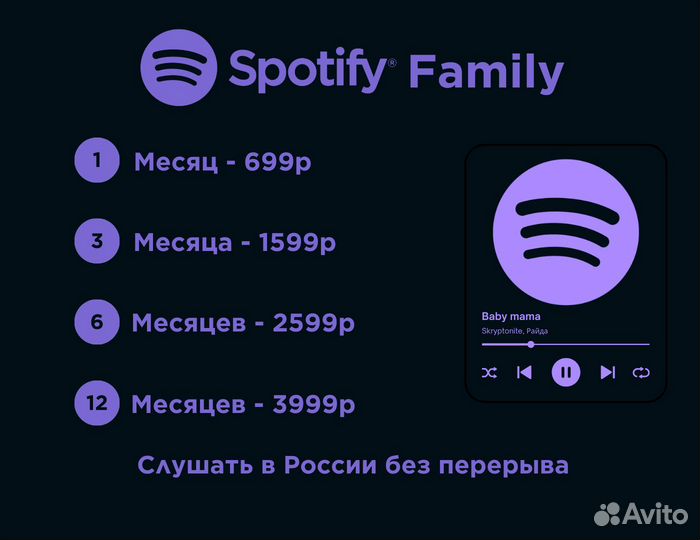 Spotify premium работает в РФ - 3/6/12 мес