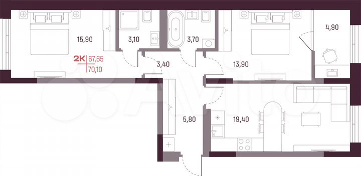 2-к. квартира, 67,7 м², 12/25 эт.
