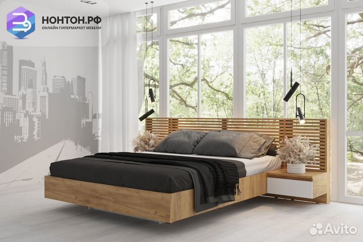 Кровать Бостон с тумбами 1.6 м дуб крафт золотой