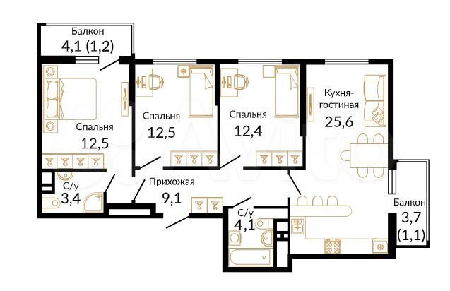 3-к. квартира, 84,8 м², 6/16 эт.