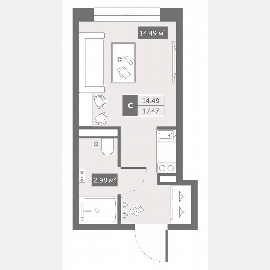 1-к. апартаменты, 17,5 м², 2/13 эт.