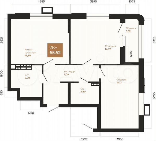 2-к. квартира, 66,5 м², 17/22 эт.