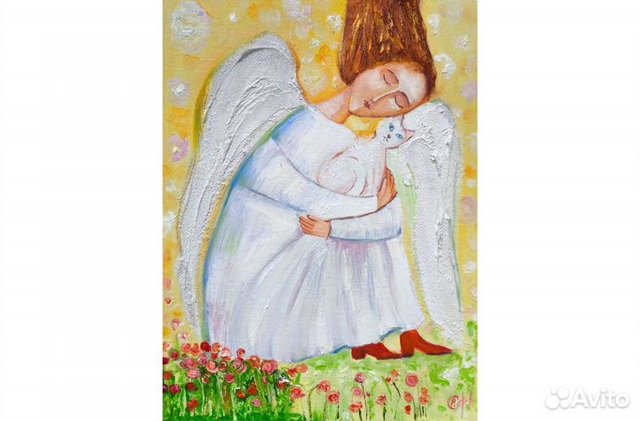 Ангел Картина с котом маслом на холсте 40х30 см