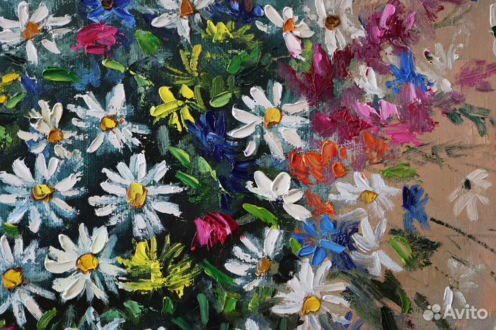 Картина маслом цветы на холсте Ромашки