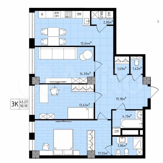 3-к. квартира, 90,2 м², 2/16 эт.