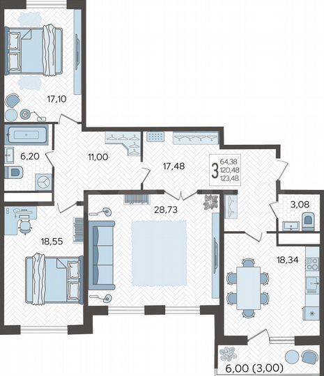 3-к. квартира, 123,5 м², 19/22 эт.
