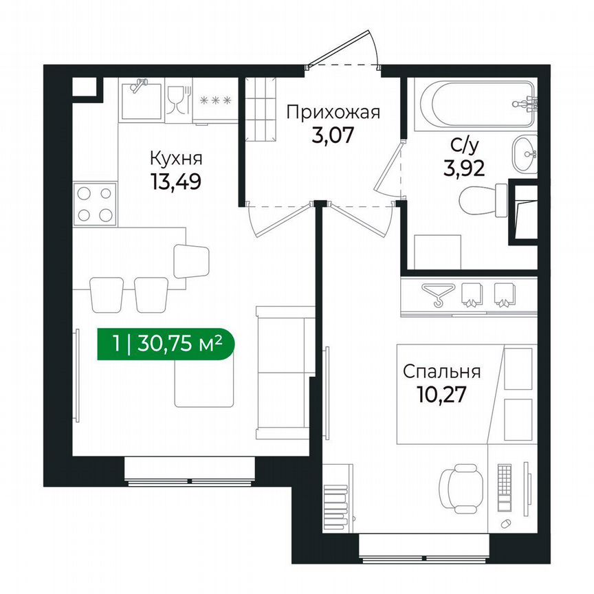 1-к. квартира, 30,8 м², 1/8 эт.