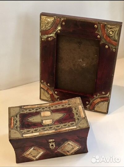 Шкатулка и рамка для фото (дерево, латунь, кость)