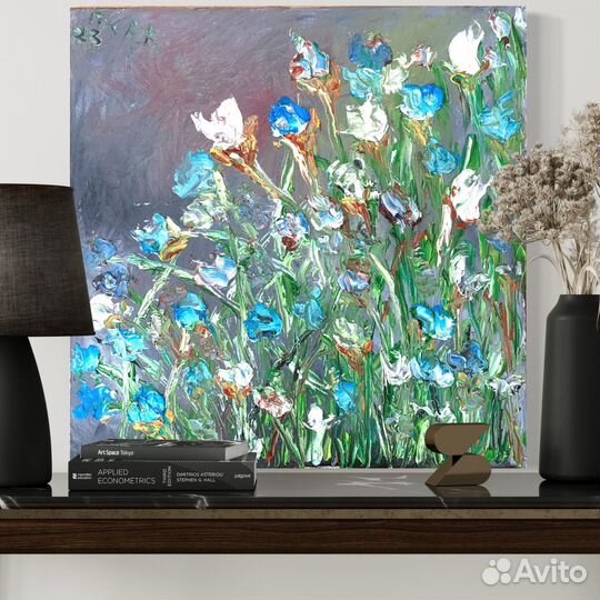 Картина интерьерная текстурная, маслом «Ирисы«