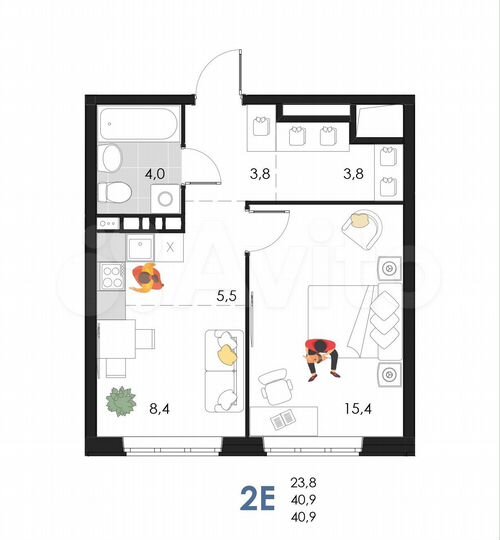 2-к. квартира, 40,9 м², 2/6 эт.