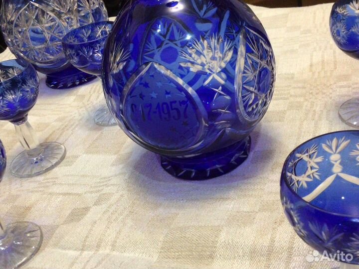 Хрустальный агитационный графин с рюмками кобальт