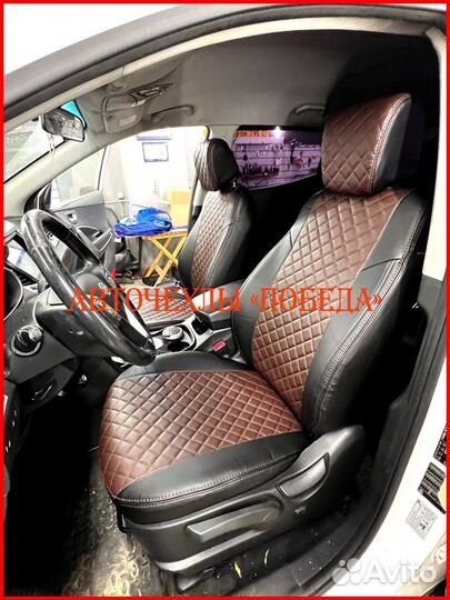 Чехлы Hyundai Santa-Fe 3 из экокожи чёрно-шоколадн