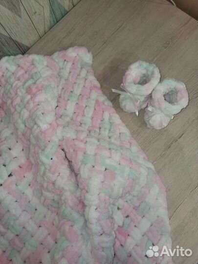 Плед детский плюшевый вязаный ручная работа