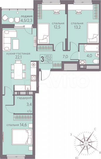3-к. квартира, 79,1 м², 4/22 эт.