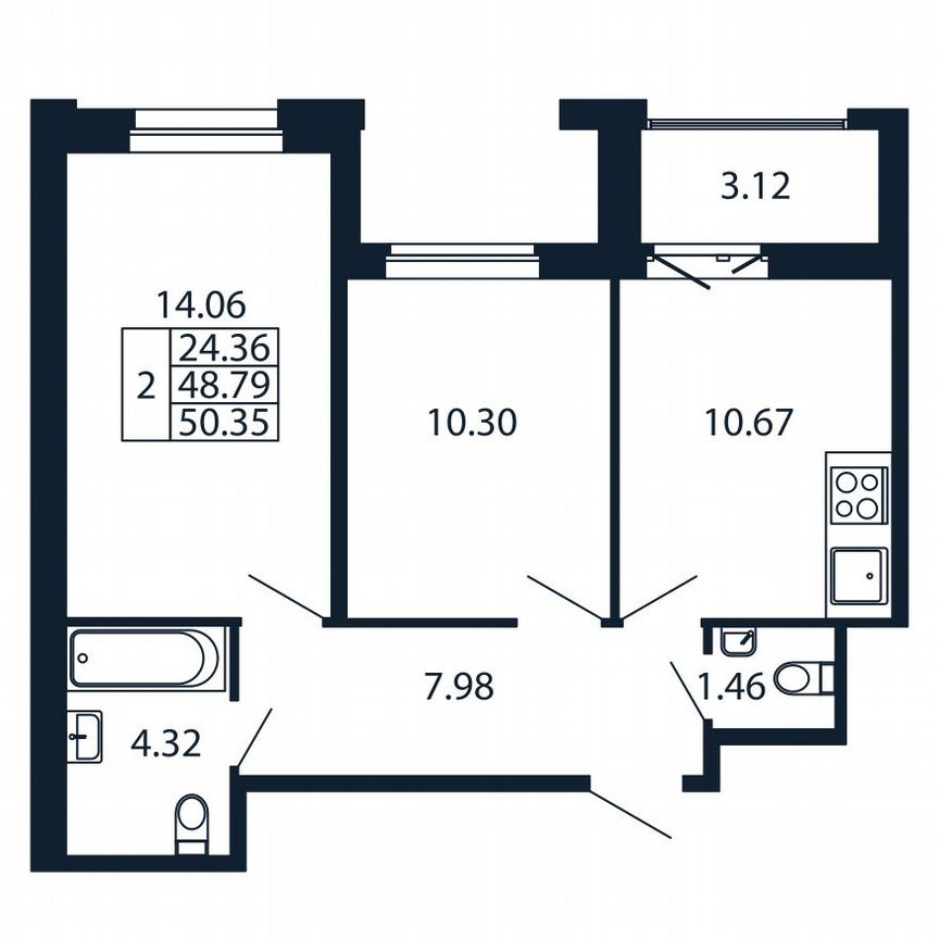 2-к. квартира, 50,4 м², 11/12 эт.