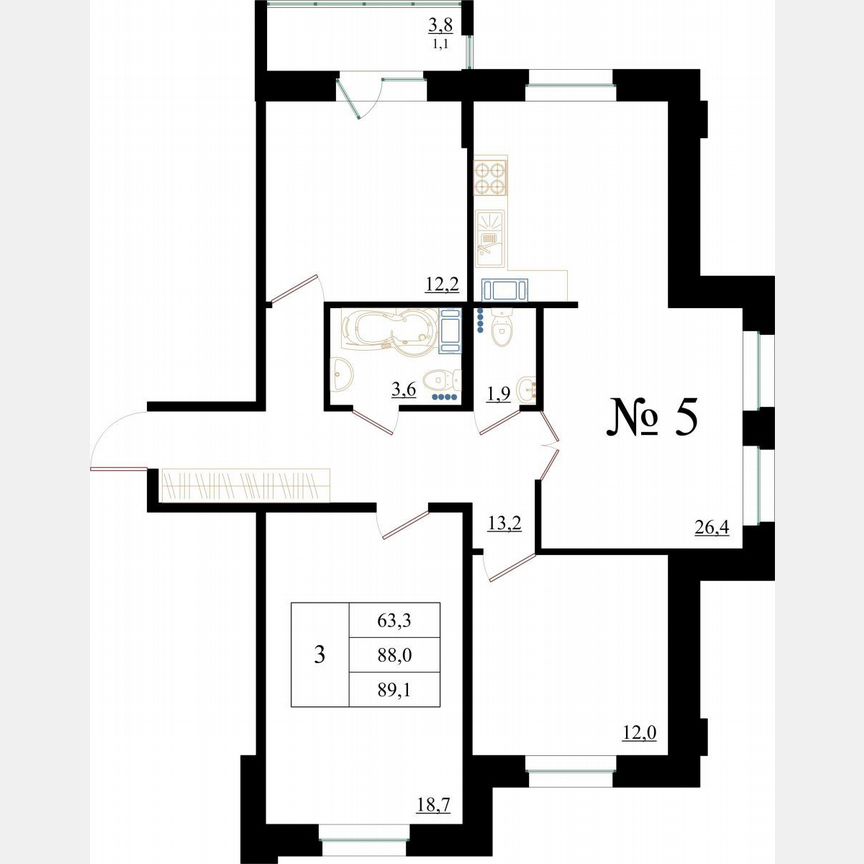 3-к. квартира, 89,1 м², 2/8 эт.