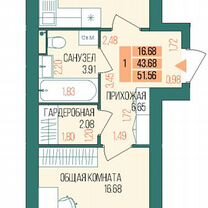 1-к. квартира, 51,6 м², 1/9 эт.