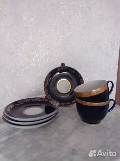 Блюдце и чашки кобальт лфз, позолота Дулево