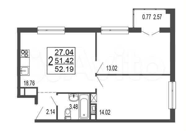 2-к. квартира, 51,4 м², 11/17 эт.
