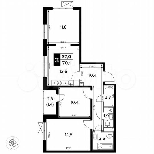 3-к. квартира, 70,1 м², 13/22 эт.